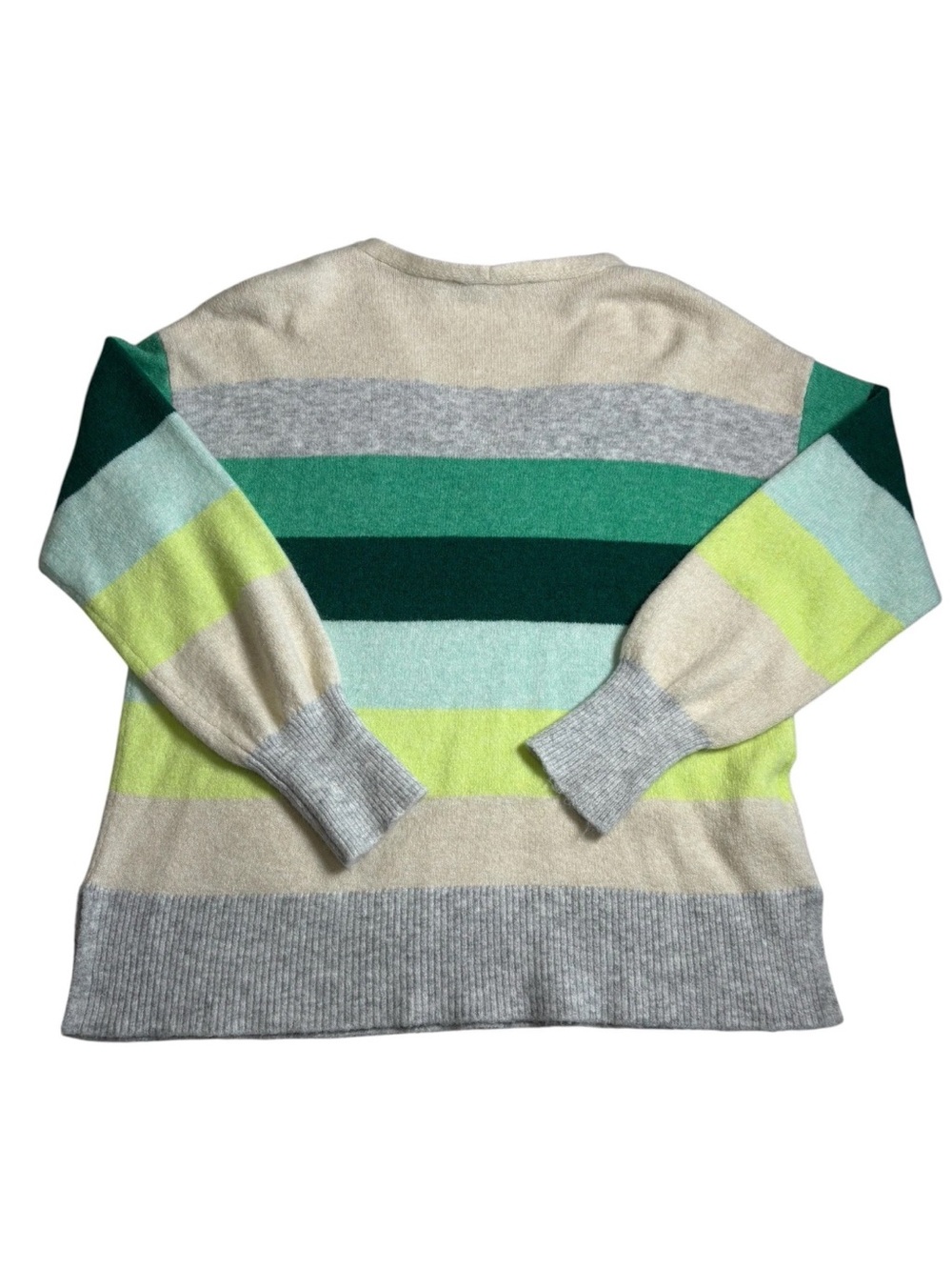 LOFT Striped V Neck Sweater Long Sleeve Green Cream Gray Striped Womens Large - Picture 3 of 9